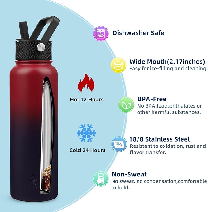 BJPKPK Insulated Water Bottles with Straw Lid, 40oz Cold & Hot Thermo, Stainless Steel Metal Water Bottle with 3 Lids, Reusable Thermo, Cups, Mugs, Tumblers,Charming Red