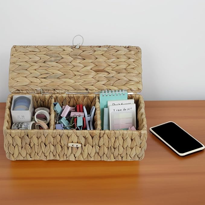 Water Hyacinth Storage Basket with Lid, Rectangular Tank Woven Wicker Baskets with Sections, Decorative Box for Snack Toys Bathroom (Water Hyacinth)