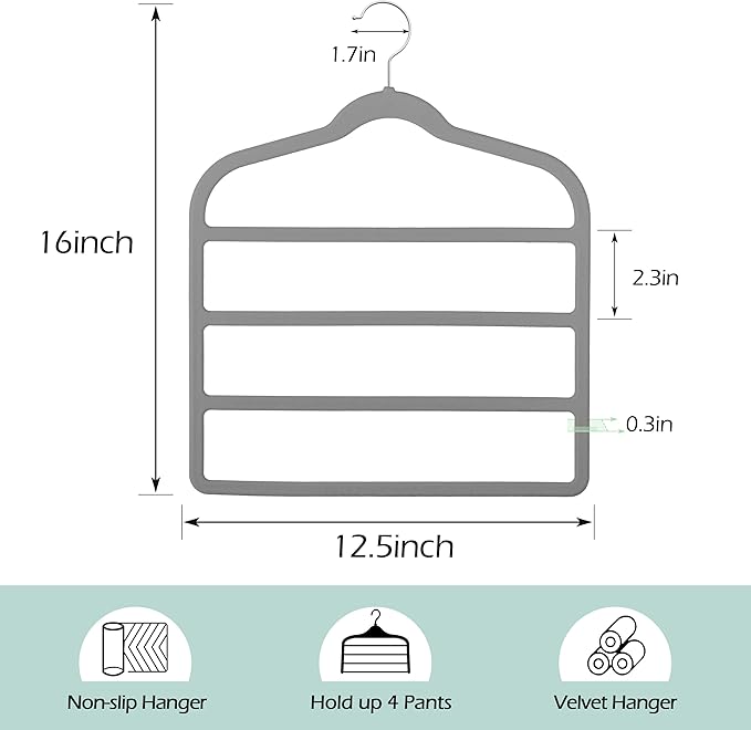 Velvet Pants Clothes Hanger Space Saving Non Slip Pants Shorts Hanger, Myfolrena Jeans Slack Trousers Hangers Multiple Velvet Hanger Closet Storage and Organization for Jeans,Scarf,Tie(Grey, 5)