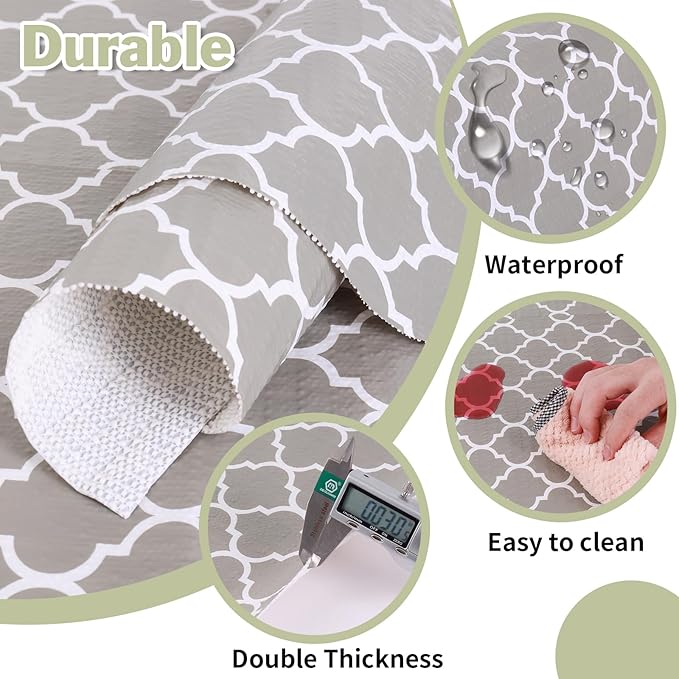 Drawer and Shelf Liner for Kitchen Cabinet: 12 in X 30 Ft Non Slip Waterproof Shelf Paper Non Adhesive Refrigerator Liners Gray Quatrefoil Easy Liners for Bathroom Cupboard with Knife Tape Measure