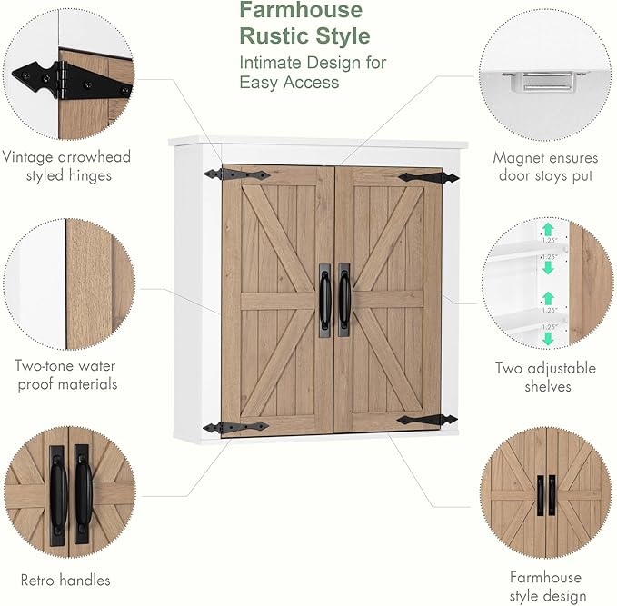 Spirich Bathroom Wall Cabinet Over Toilet, Farmhouse Wall Mounted Medicine Cabinet Organizer with Wood Grain Barn Doors and Adjustable Shelves