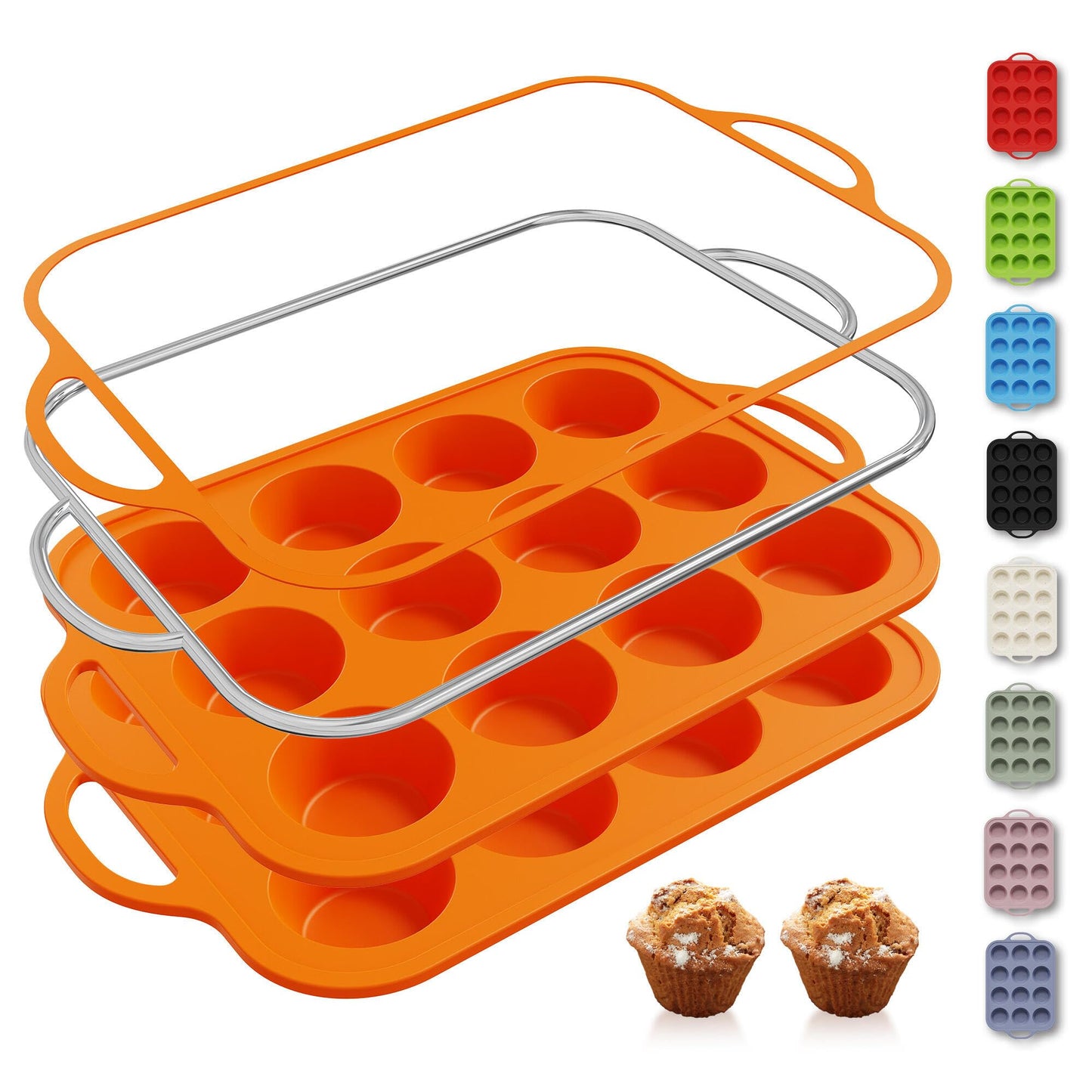 2 Packs 12 Cups Silicone Muffin Pan for Baking with Metal Reinforced Frame Regular Size Cupcake Pan Tray Chocolate Egg Pizza Bites Oven Top Cookie Molds Muffin Tin Tart Pans Sheet Set Bakeware Liner