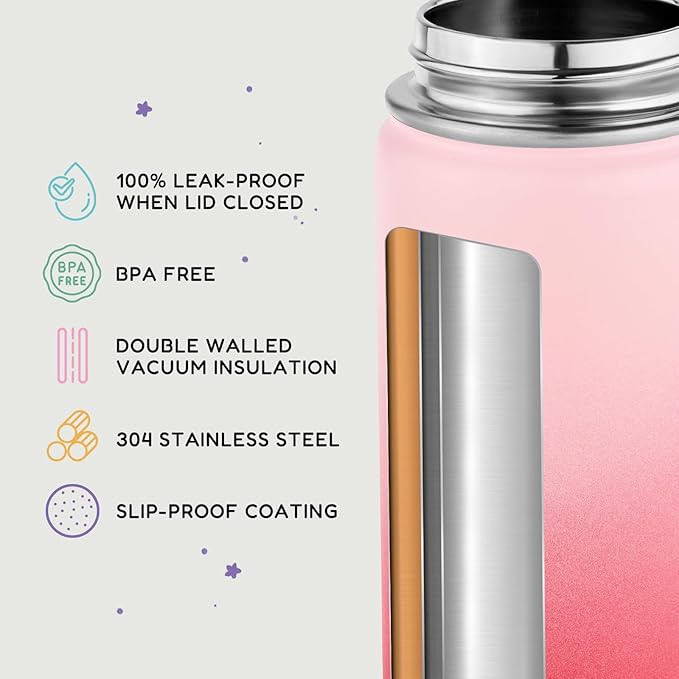 12oz Water Bottle for School, Bottles with Straws, Stainless Steel Vacuum Insulated Water Bottle, Leak-Proof, BPA-Free, Cherry + Lavender