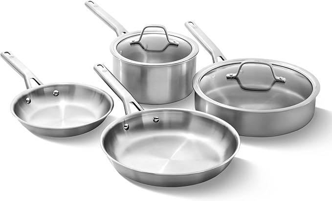 Calphalon Classic Stainless Steel Cookware Set, 10-Piece, Impact-Bonded Aluminum Base, Stay-Cool Handles, Oven Safe 450F, Silver