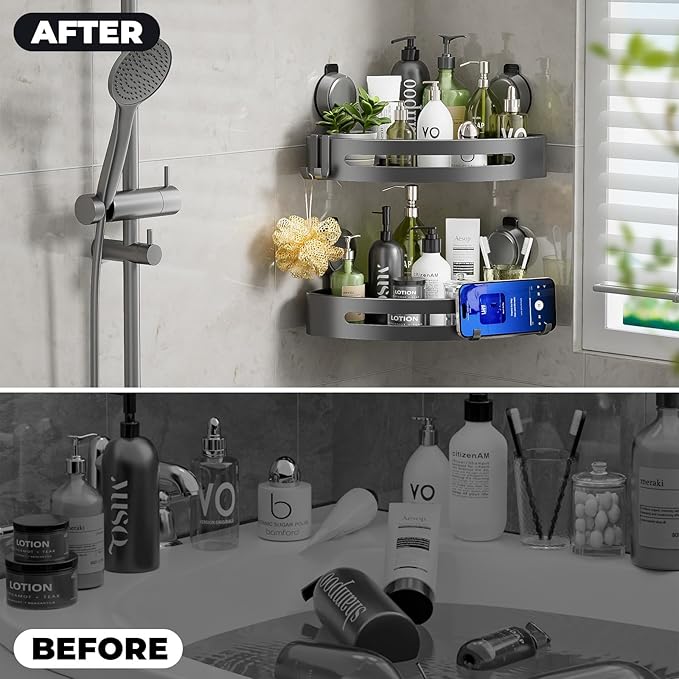 ONXE Shower Caddy Corner,Suction Cup Shower Caddy with Hooks,No Drilling Rustproof Aluminum Bathroom Organizers and Storage,Shelves for Bathroom Accessories Decor (3)