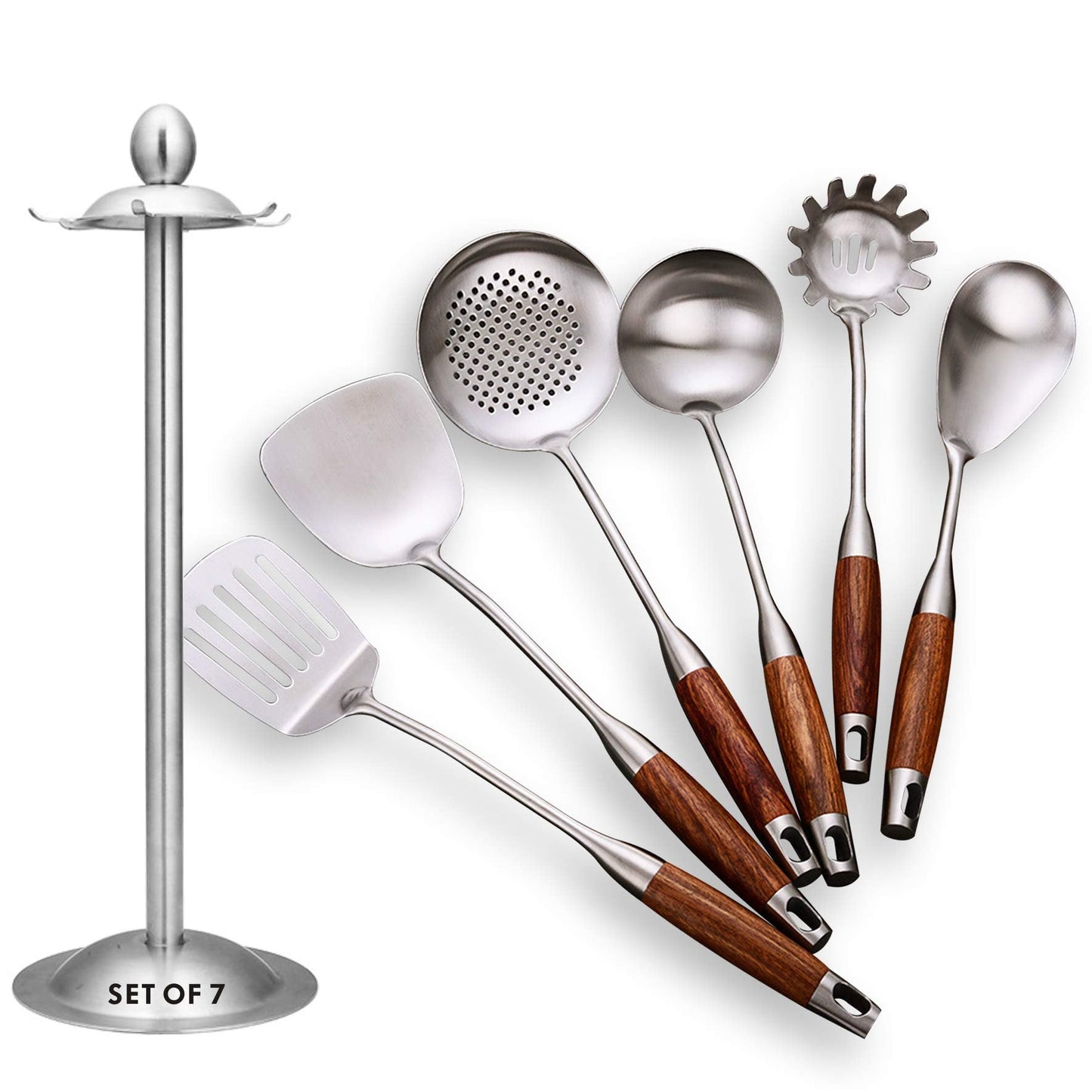 Spaghetti Spoon,304 Stainless Steel Pasta Spoon,Wooden Handle,14.2Inch