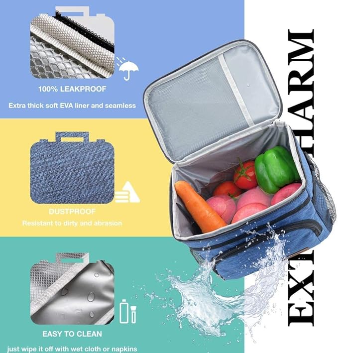 ExtraCharm Insulated Lunch Bag for Women/Men - Reusable Lunch Box for Office Picnic Hiking Beach - Leakproof Cooler Tote Bag Organizer with Adjustable Shoulder Strap for Adults-Black grey