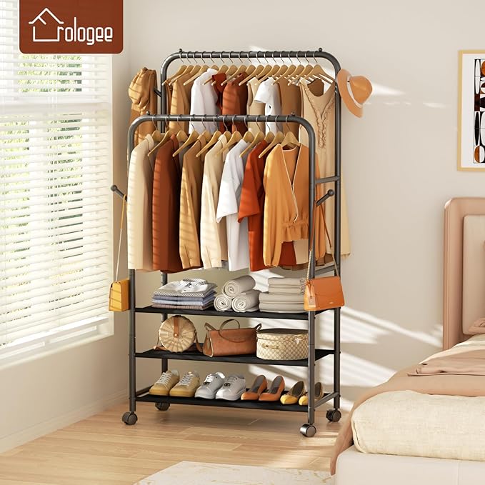 Furologee Clothes Racks for Hanging Clothes, Portable Rolling Garment Rack, Sturdy Metal Freestanding Cloths Racks with Wheels, Double Rods Wardrobe Rack for Bedroom Laundry Living Room