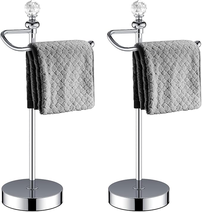 Bath Hand Towel Holder Standing, Stainless Steel Stable Free-Standing Towel Bar for Bathroom Kitchen Countertop, Rustic Towel Ring Stand with Crystal Ball 15.7” H (Polished Chrome, 2 Pack)