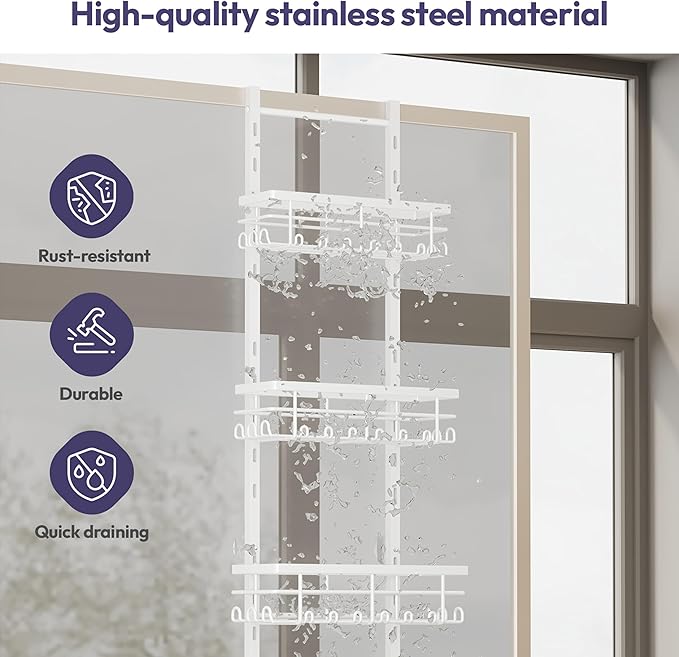 SWTYMIKI Over The Door Shower Caddy - 4 Tier Rustproof Hanging Shower Organizer with Adjustable Shelves, 40 Hooks & Soap Holder, Hanging Shower Rack Storage for Bathroom Accessories, White