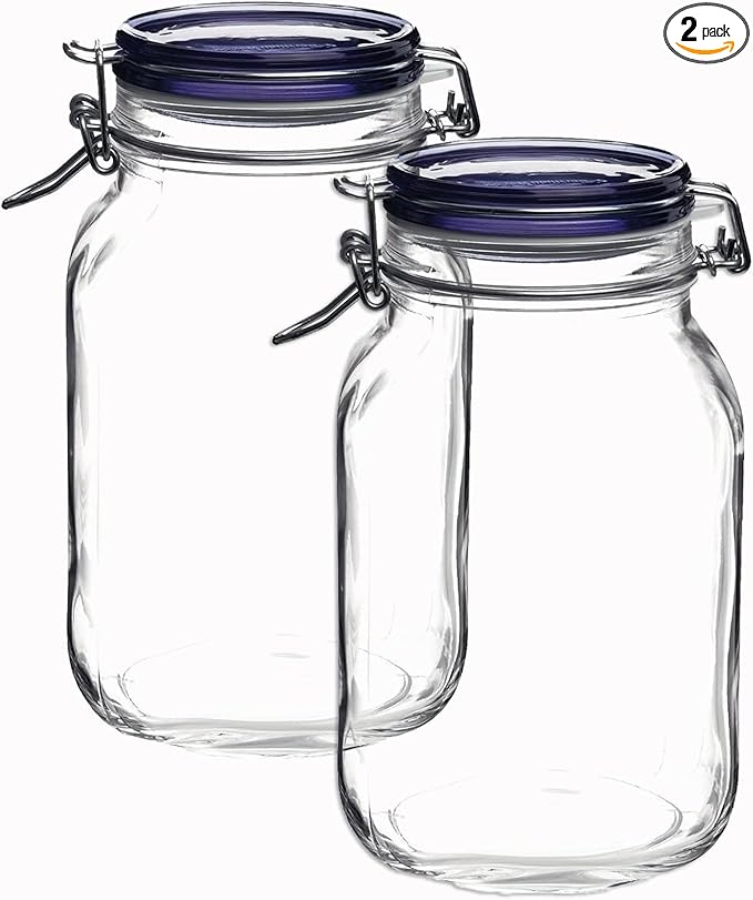 Bormioli Rocco Fido Glass Canning Jars, Blue Lids – 67.75 oz Airtight Containers with Clamp Lock Canisters for Preserving Vegetables, Sauces & Cooking “Au Bain-Marie” – Dishwasher Safe (Set of 2)