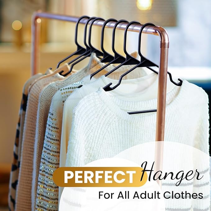 200 Pack Plastic Hanger for Shirt Pants Coats Dresses Skirts Suits Jackets - Standard Thick Coat Hanger - Sturdy & Durable Design with Shoulder Grooves Hook - Black