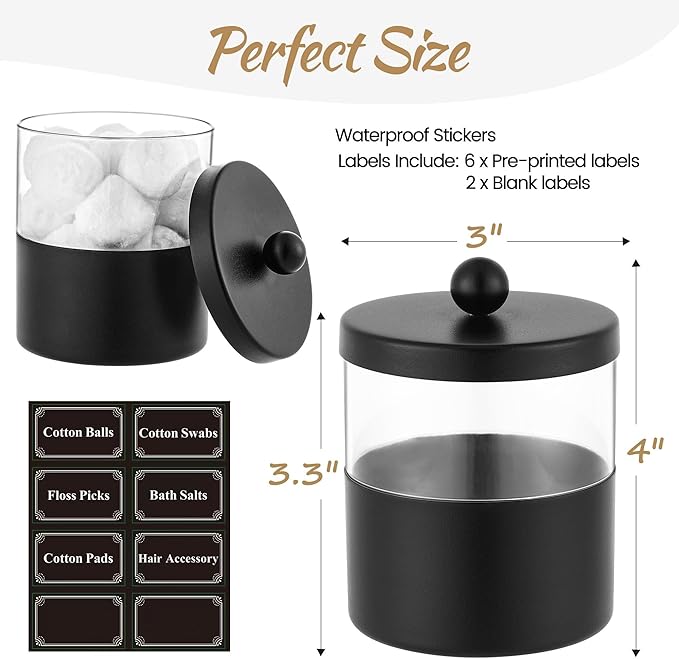 Gaussra Black Apothecary Jars, Black Qtip Holder - Stainless Steel Bathroom Jar with Stickers - Farmhouse Decor Qtip Dispenser for Qtips, Cotton Balls, Swabs, Makeup Sponges (2-Pack)