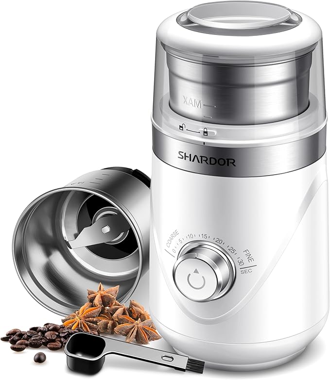 SHARDOR Electric Super Silent Blade Coffee Grinder, Timed Grind Control Rotary Knob, Adjustable Coarse to Fine for Coffee Beans, Spices & Herbs, with 1 Removable Stainless Steel Bowl, Cream