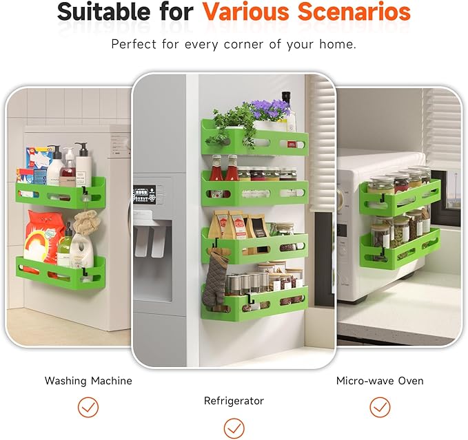 4 Pack Strong Magnetic Spice Rack for Refrigerator, Multipurpose Magnetic Shelf for Fridge with 4 Hooks for kitchen and Bathroom Organization, Green