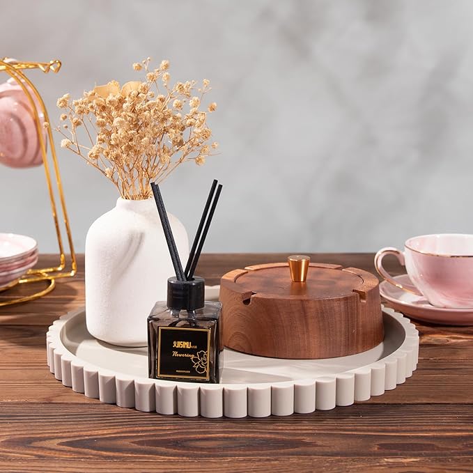 Silicone Bathroom Countertop and Vanity Tray-10 Inch Round Silicone Bathroom Tray, Modern Bathroom Decor, Coffee Table Decor, Decorative Tray for Candle, Perfume, Plants (Khaki)
