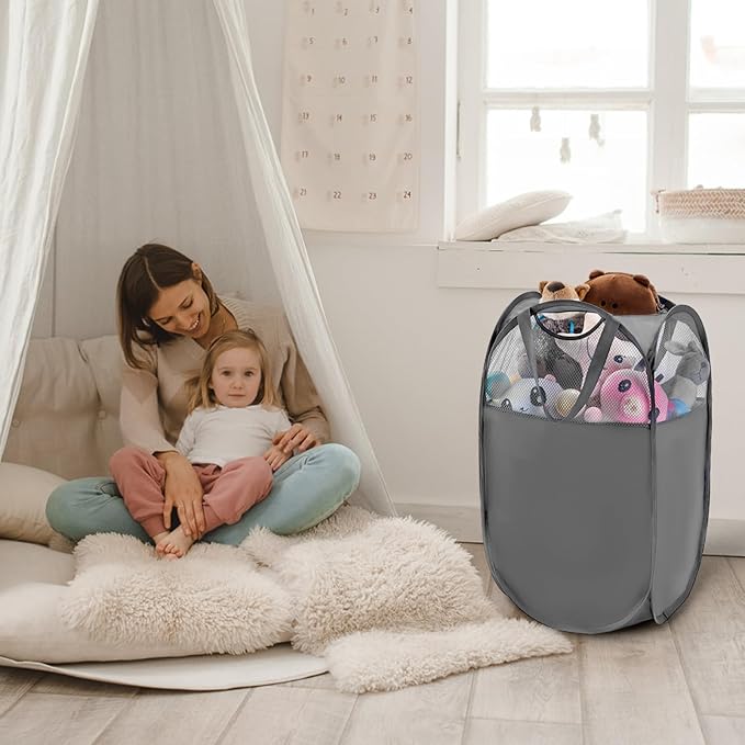 TECHMILLY Pop Up Foldable Laundry Basket, Mesh Laundry Hamper with Reinforced Handles for Dirty Clothes Storage in Dorm, Laundry Room, Bathroom, Grey(Fabric), 2 Pack