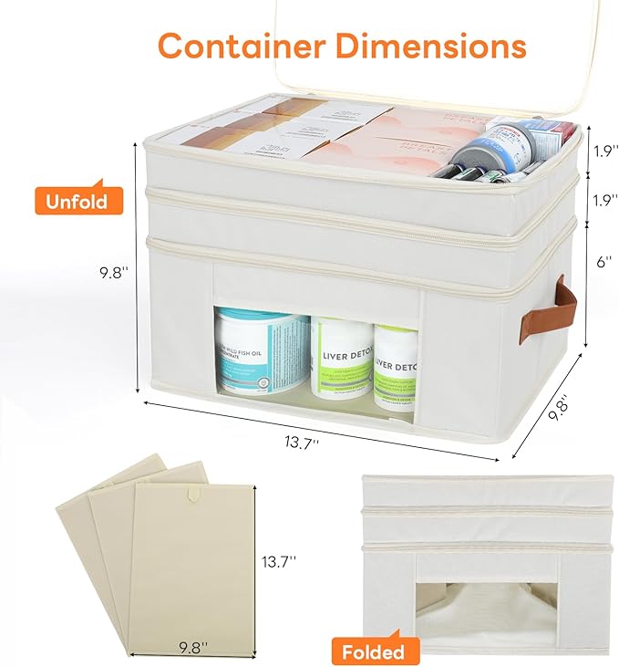 3-Tier Medicine Organizer for Cabinet, Foldable Medicine Storage Box with Clear Cover and Leather Handle, Empty First Aid Kit for Home and Travel