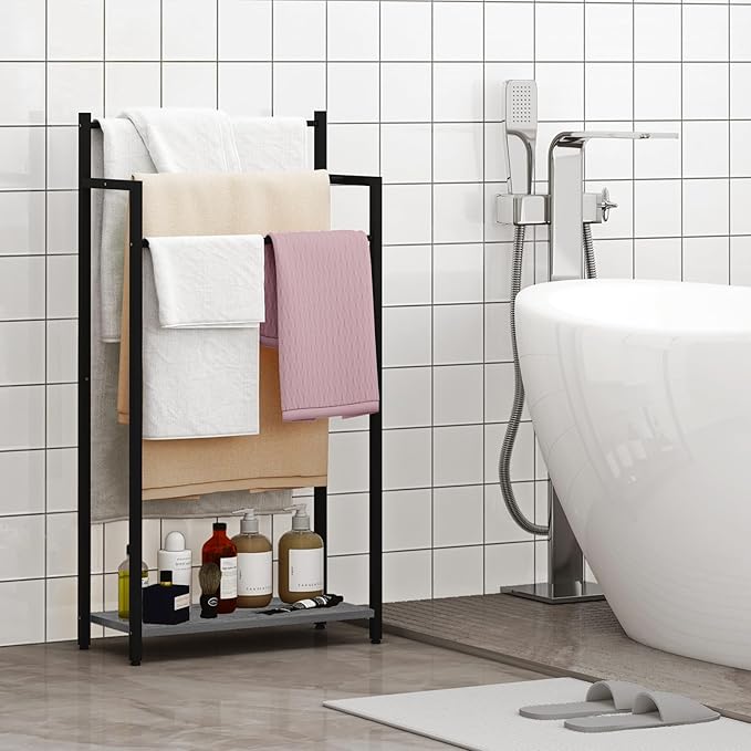 Freestanding Towel Rack, 3 Tier Blanket Ladder Stand with Oak Grey Wooden Shelf for Bathroom Living Room (31.5”H x 16.9”W x7.9”D)
