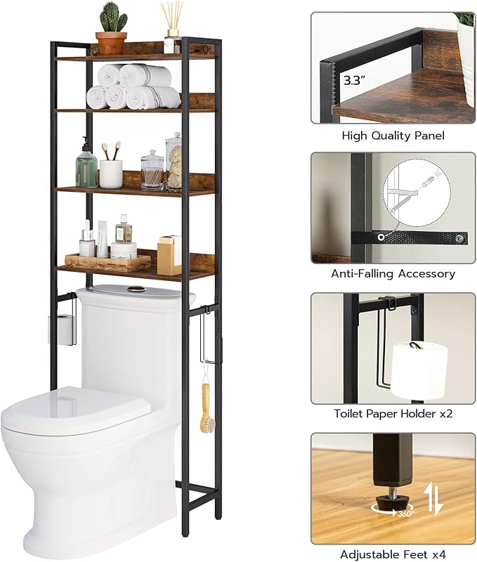 Over The Toilet Storage Rack, 4 Tier Bathroom Organizer Over Toilet, Freestanding Space Saver Toilet Stand with 2 Hooks, Bathroom Storage Shelf, Easy to Assemble, Rustic Brown TSHR0401Z
