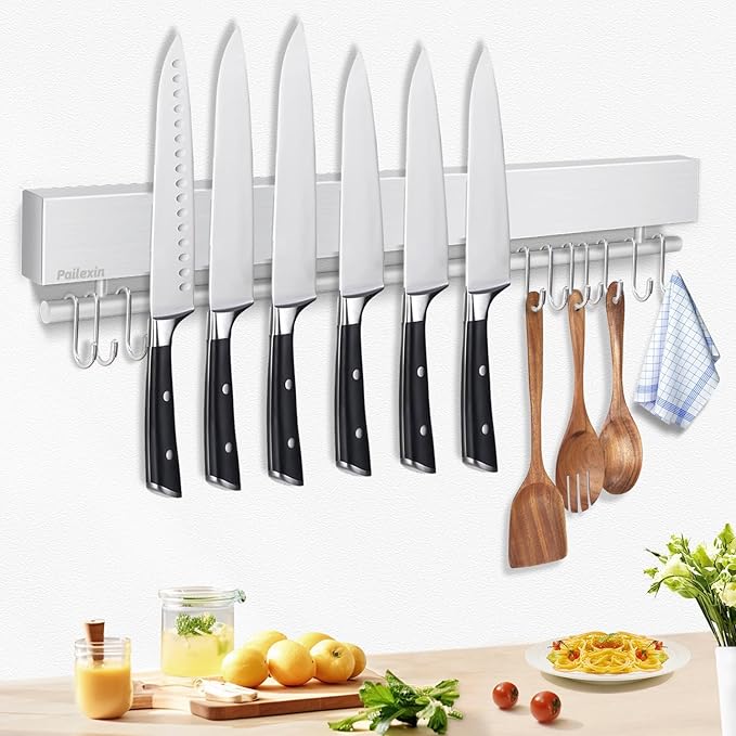 Pailexin 20 inch magnetic knife holder with 10 hooks, no drilling knife magnetic strip, and utensil hanger for wall. Powerful knife magnet rack includes tape and screw