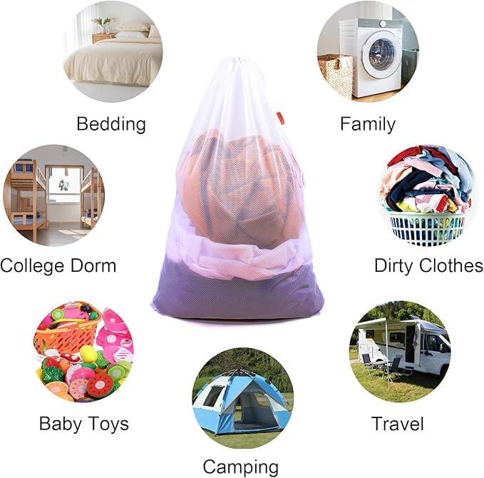 2 Pack Mesh Laundry Bags, 24 x 36 Inches Heavy Duty Drawstring Bag, Factories, College, Dorm, Travel and Apartment Dwellers, White