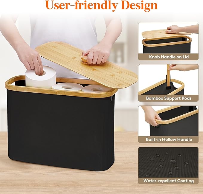 Lifewit Toilet Paper Storage Holder for 9 to 12 Rolls, Free Standing Toilet Paper Basket Stand with Bamboo Lid, Collapsible Fabric Bathroom Organizer Box for Mega Rolls, 23L, Large, White, Black