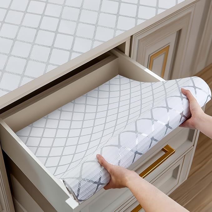Shelf and Drawer Liner for Kitchen Cabinets Non-Adhesive, Strong Grip Non-Slip Thickened Cabinet Liners for Shelves, Waterproof Mats for Dresser Cupboard, Silver Stripe, 24 in x 30 Feet