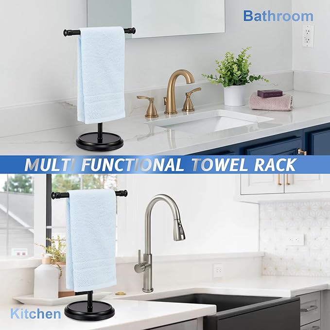 Hand Towel Holder Stand, Free Standing Towel Rack Stand with Stainless Steel Base, Rust-Proof Towel Bar for Bathroom Kitchen Countertop (Black)