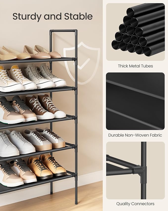 SONGMICS 5-Tier Shoe Rack, Shoe Storage for Hallway Closet, Slim and Space-Saving, Metal Frame, Non-Woven Fabric Shelves, Black ULSH045BH02