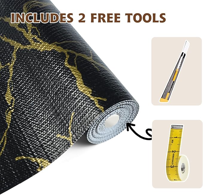 2-Layer Drawer and Shelf Liner for Kitchen Cabinet: 17.3in X 20Ft Non Slip Waterproof Shelf Paper Non Adhesive Refrigerator Liners Black/Gold Marble Easy Liners for Bathroom with Knife Tape Measure