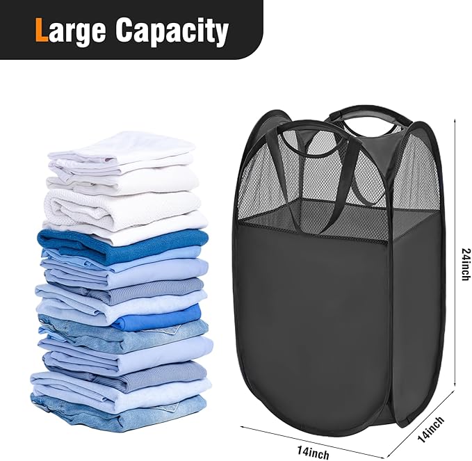 TECHMILLY Pop Up Foldable Laundry Basket, Mesh Laundry Hamper with Reinforced Handles for Dirty Clothes Storage in Dorm, Laundry Room, Bathroom, Black(Fabric), 3 Pack