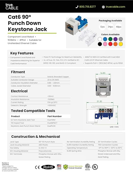 trueCABLE Cat6 Keystone Jack, Unshielded, 90 Degree Punch-Down, PoE++ 100W