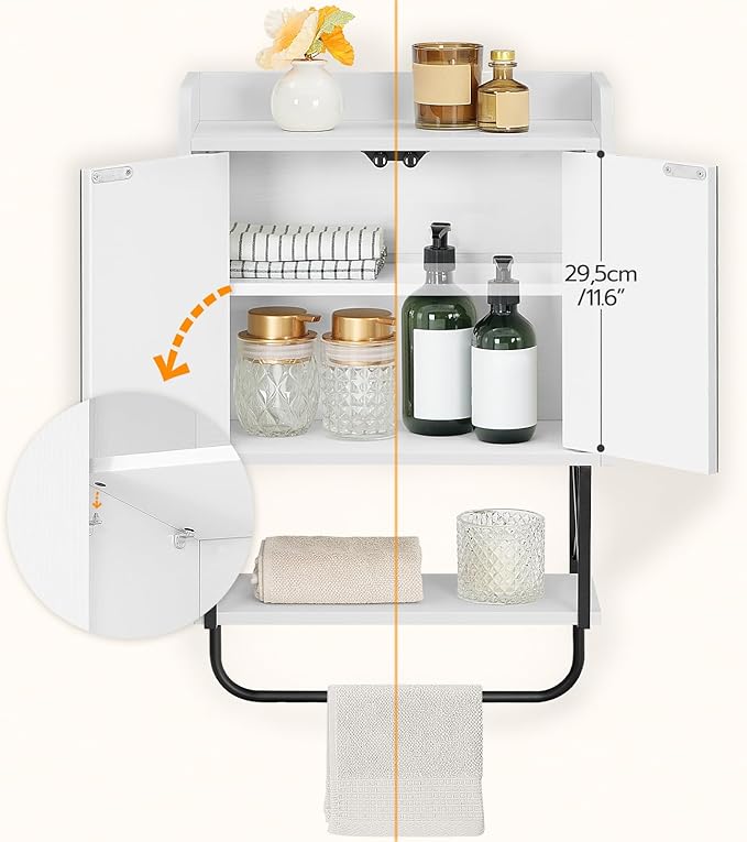 HOOBRO Medicine Wall Cabinet with Mirror, Bathroom Storage Cabinet with Hidden Space and Towel Bar, Double Mirrored Doors, Detachable Shelf, for Bathroom, Living Room, White BW41CW01