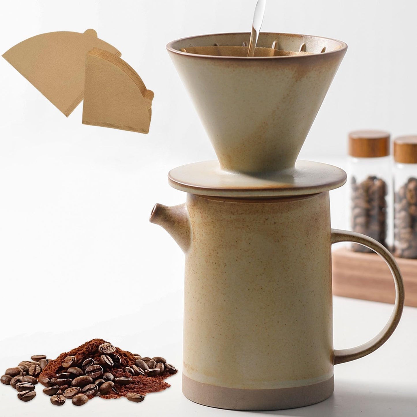 DIF DECO Pour Over Coffee Maker Set Vintage Ceramic Pour Over Coffee Dripper Set with 20 Count Paper Coffee Filters,for Home Café Restaurant Camping,15.8 Ounces(Yellow)