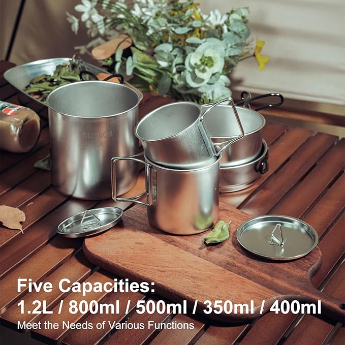 Aomiun 5PCS Stainless Steel Camping Cooking Set Cookware Mess Kit Cook Pots and Pan Set with Cups & Storage Bag, Lightweight Camping Cookware for Hiking Backpacking Outdoor Cooking and