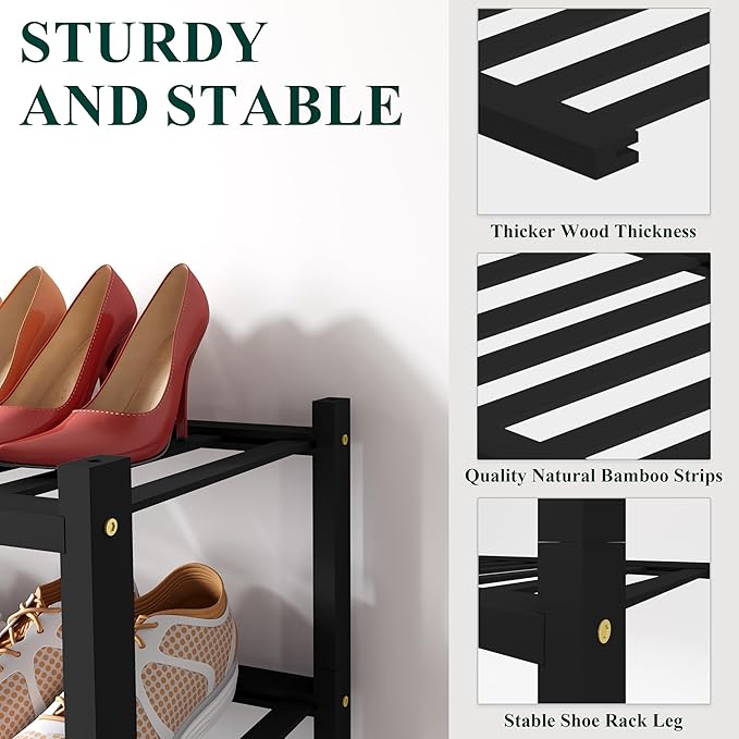 Smiry Shoe Rack, 5 Tier Small Bamboo Shoe Organizer, Stackable Free Standing Wooden Shoe Storage Shelf for Closet, Entryway, Front Door Entrance, Black