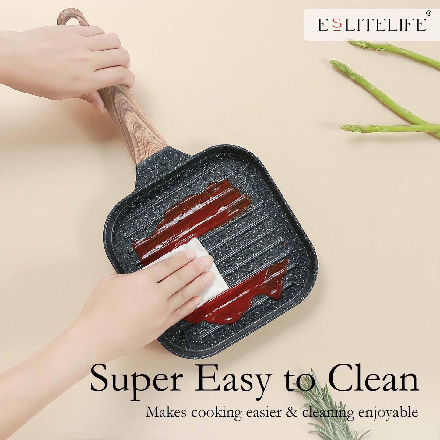 ESLITE LIFE Nonstick Grill Pan for Stove Tops, Versatile Griddle with Pour Spouts, 9.5 Inch Square Big Grilling Skillet Steak Pan for Indoor & Outdoor Cooking, PTFE & PFOA Free, Black