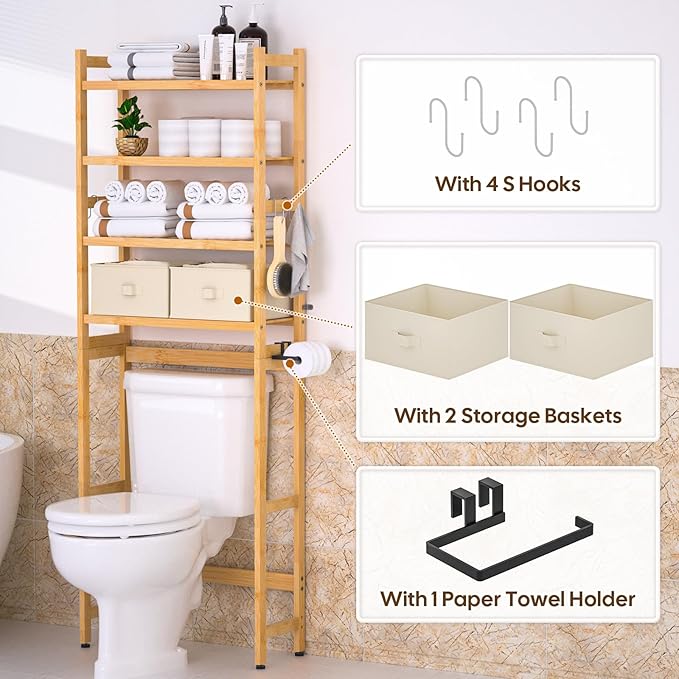 Over The Toilet Storage with 2 Baskets, 4-Tier Bamboo Organizer Rack with Paper Holder & 4 Hooks & Waterproof Feet Pad,Freestanding Shelf for Bathroom(Natural)