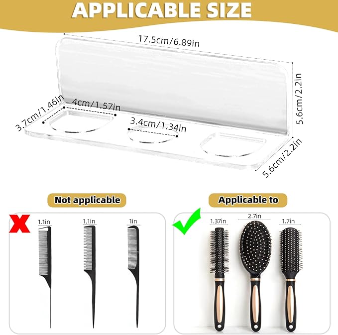 Acrylic Hair Brush Holder for Bathroom Adhesive Hair Tool Organizer Wall Mounted Comb Holder Organizer with 3 Holes Diameter 1.34 to 1.57 In,Remove Film Before Use(transparent)