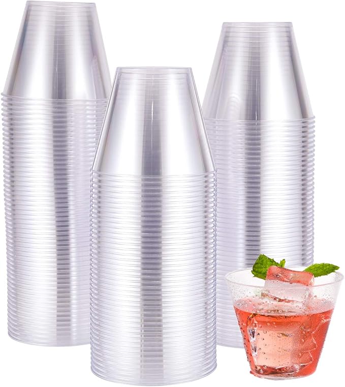 JOLLY CHEF 10 oz Clear Disposable Plastic Cups 100 Pack Clear Plastic Cups Tumblers, Heavy-duty Party Glasses, Disposable Cups for Thanksgiving, Party,Fathers Day