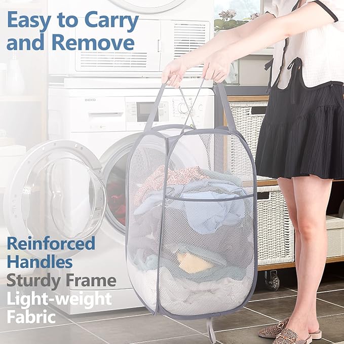 Deluxe Strong Mesh Pop up Laundry Hamper Basket with Side Pocket for Laundry Room, Bathroom, Kids Room, College Dorm or Travel Grey