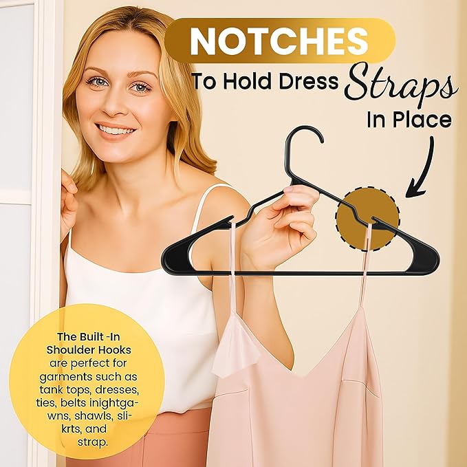 200 Pack Plastic Hanger for Shirt Pants Coats Dresses Skirts Suits Jackets - Standard Thick Coat Hanger - Sturdy & Durable Design with Shoulder Grooves Hook - Black