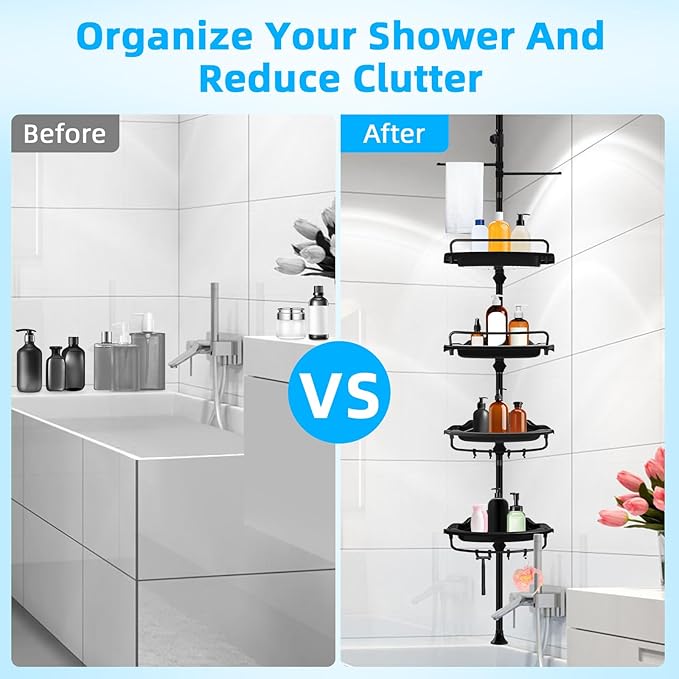 32-122inch Corner Shower Caddy Tension Pole Black, Rustproof Drill-Free Shower Shelves for Bathroom Bathtub Washbasin, Adjustable Shower Organizer with 4 Tier Patent Stable Shelves & Towel Bars