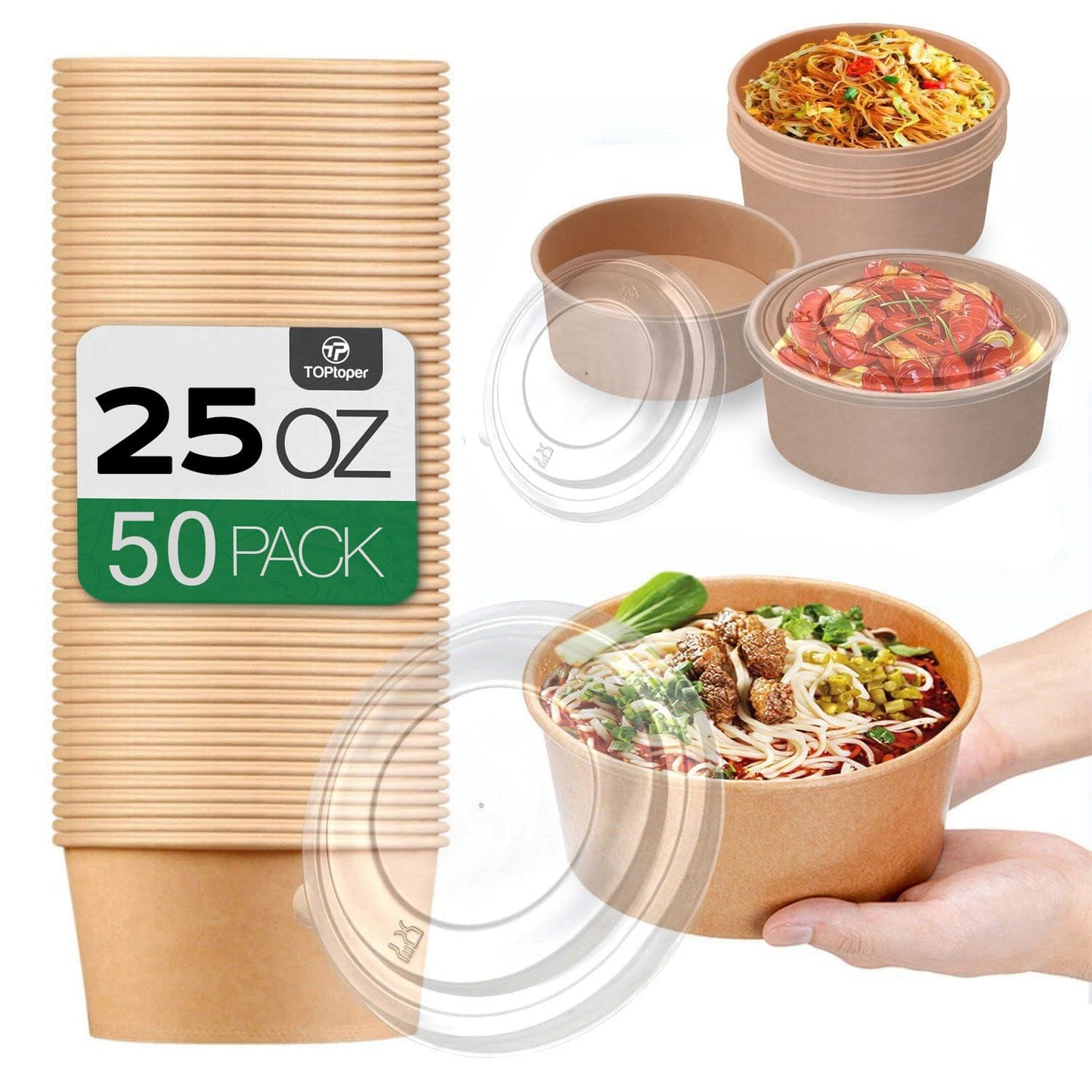 TOPtoper 50 Pcs 32 Oz Large Paper Bowls with Lids, Disposable Soup Serving Bowls Bulk Party Supplies for Hot/Cold Food, Soup (32 OZ)