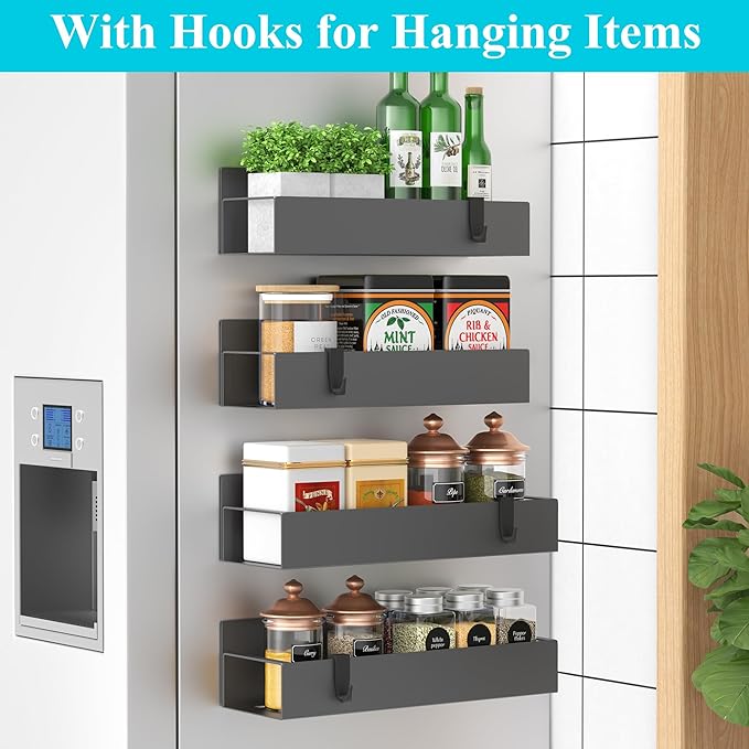4 Pack Magnetic Spice Storage Rack Organizer for Refrigerator and Oven, Dark Gray Fridge Organizers and Storage