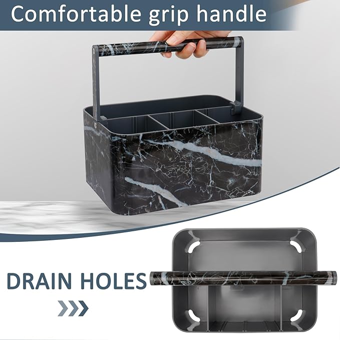 Plastic Shower Caddy Dorm: Portable Bathroom Caddy Organizer for College with Handle and Adjustable Divider, Utility Hard Shower Basket Bath Tote for Toiletry, Shampoo, Soap (Black Marble)