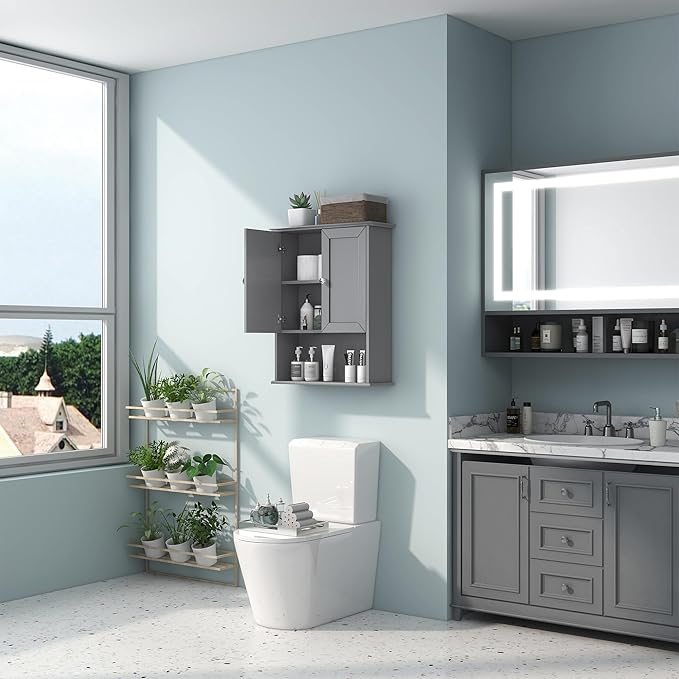 Grey Wall Mounted Bathroom Cabinet 24x30 Inch Wooden Over Toilet Storage Cabinet with 2 Doors, Above Toilet Medicine Cabinets for Bathroom Laundry Room Bedroom Kitchen