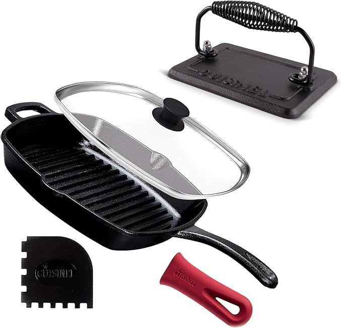 Cuisinel Cast Iron Square Grill Pan + Glass Lid + Pan Scraper + Handle Cover - 10.5" Pre-Seasoned Ridged Skillet - Grill, Stovetop, Fire, Indoor/Outdoor Use - for Grilling, Frying, Sauteing
