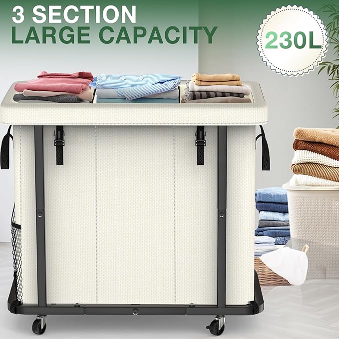 60 Gal(230L) High Grade Large Laundry Basket with Wheels, Rolling Laundry Hamper, Laundry Cart with Metal Frame and Removable Bag Design, Suitable for Laundry Room,Bedroom (White, 3 Section 230L)